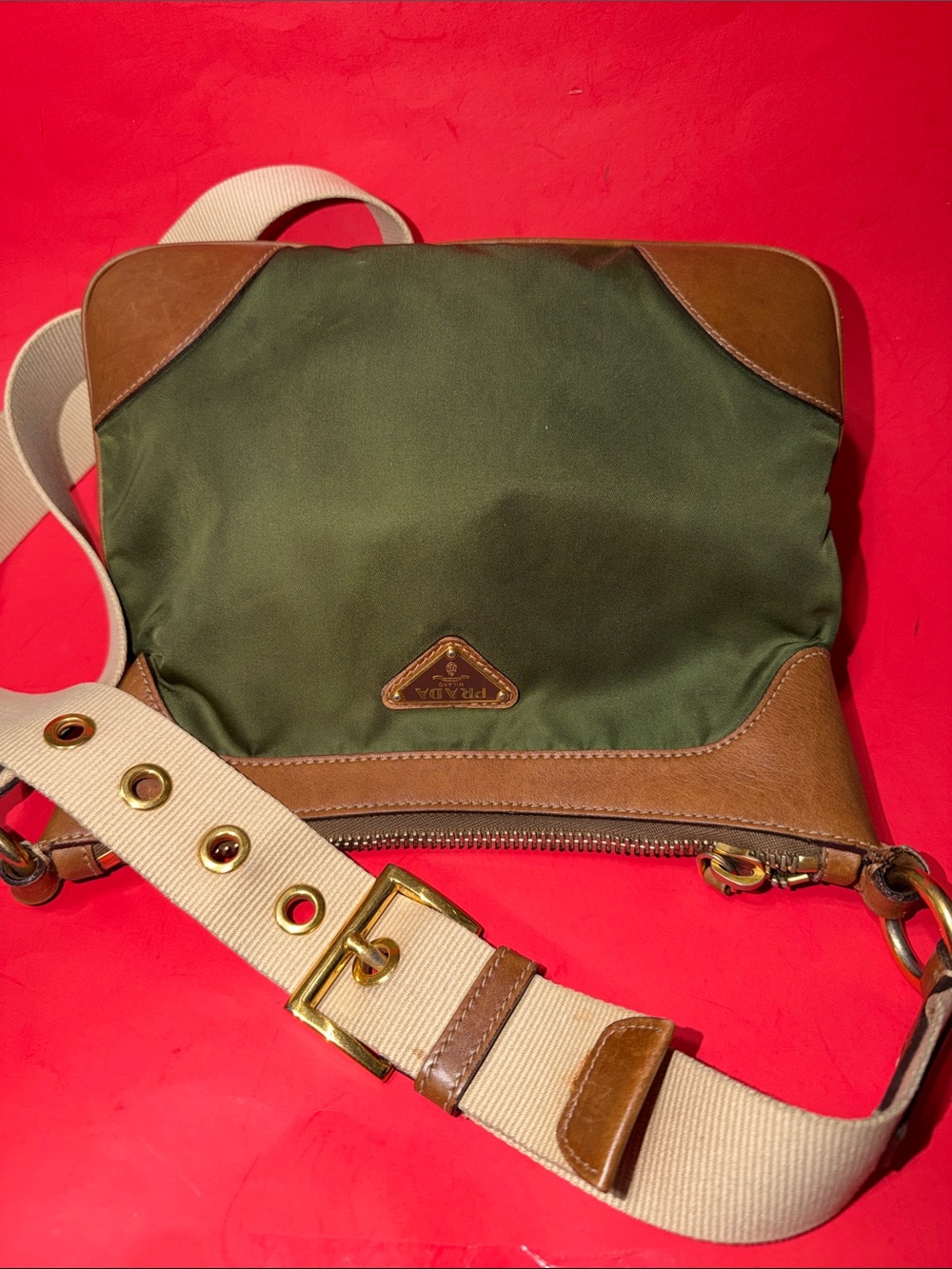 Prada Olive Green Nylon Crossbody with Brown Leather Trim and Beige Strap - Picture 5 of 12